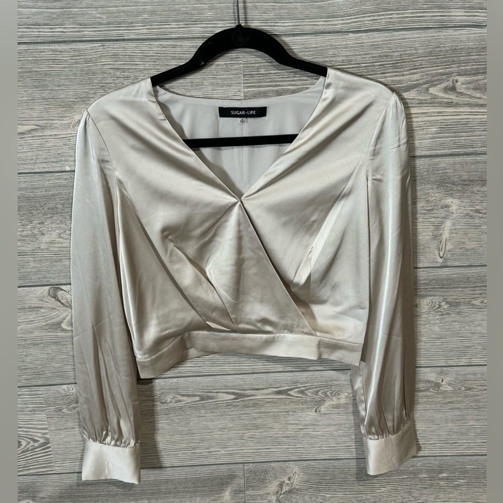 Long Sleeve Surplice Crop Top, Blouse, Size Small, Champagne, V-neck, Satin - Picture 5 of 9